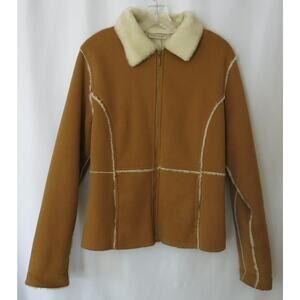 VINTAGE Kim Rogers Y2K Jacket Faux Suede Size M Women Tan Brown Faux Fur Trim